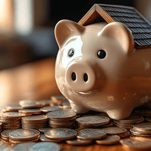 Tirelire en forme de cochon entourée de pièces de monnaie avec un petit toit sur la tête
